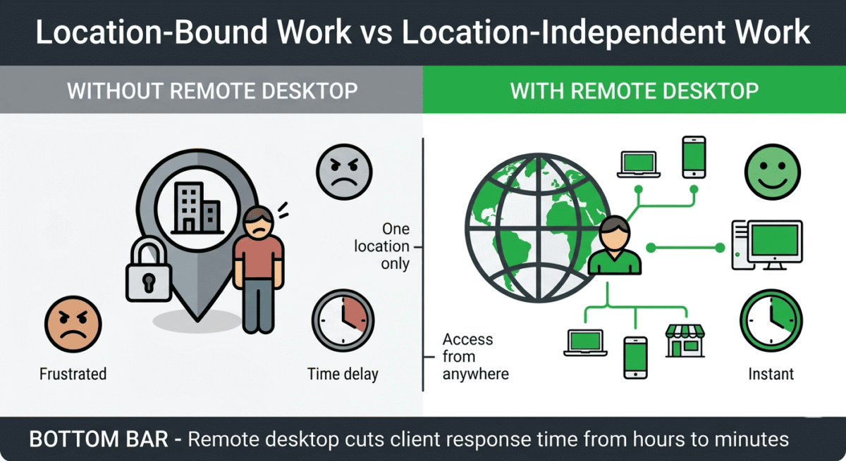 Before and after comparison showing work without remote desktop requiring travel and delay for file access and support versus with remote desktop enabling instant 30-second access from any location worldwide.