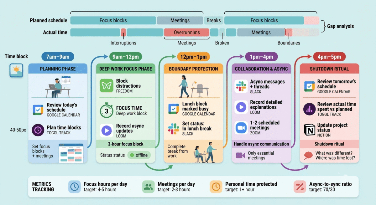 Remote worker daily productivity system timeline showing morning planning with Google Calendar and Toggl (7-9am), deep work focus blocks with Freedom distraction blocker and 3-hour focus time (9am-12pm), protected lunch break with Slack status and boundary-setting (12-1pm), afternoon async communication via Slack and Loom (1-4pm), and evening shutdown ritual with calendar review and Toggl analytics (4-5pm), with optional tracking of focus hours, meeting reduction, and work-life boundaries.