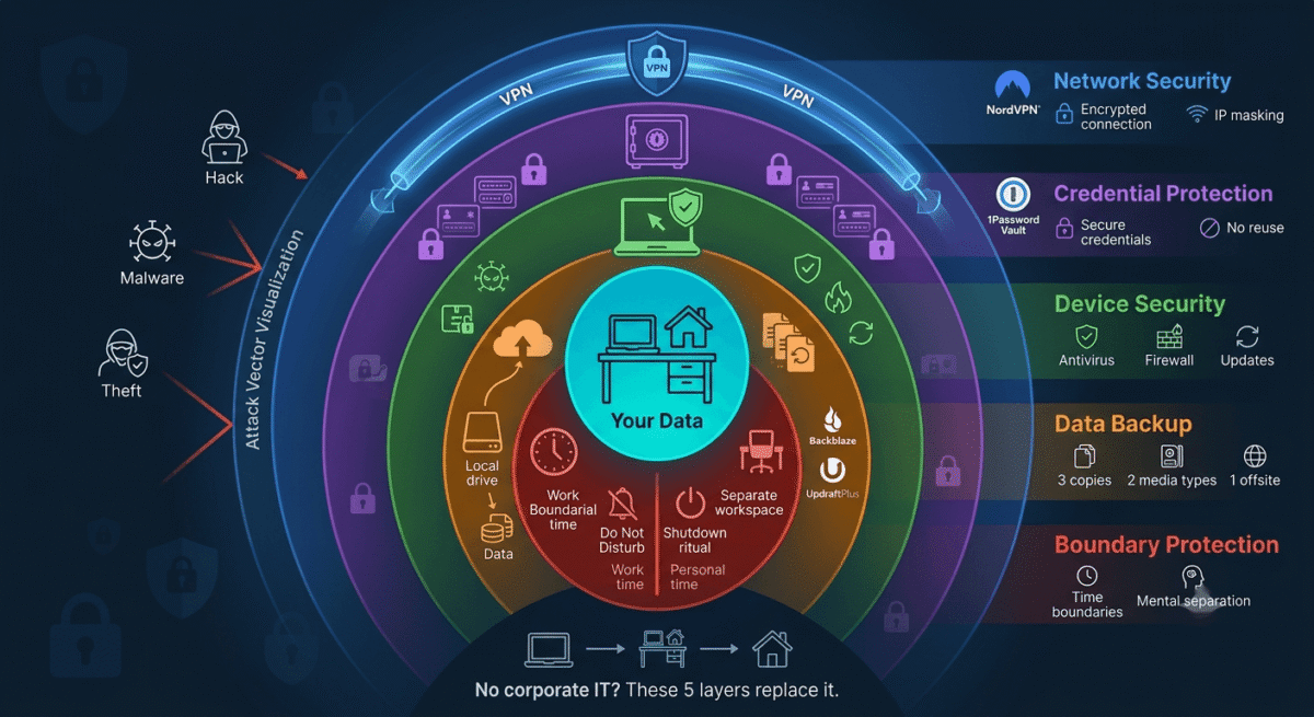 Home network security infrastructure diagram for remote workers showing five protective layers surrounding home office data: NordVPN encryption network tunnel (outermost), 1Password secure credential vault, device protection with antivirus and firewall, 3-2-1 backup system with Backblaze and UpdraftPlus, and work-life boundary protection with scheduled focus time and shutdown rituals - replacing corporate IT security for home-based workers.