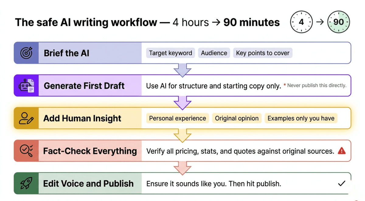 Jasper vs Copy.ai vs Writesonic. Five-step AI writing workflow infographic showing Brief the AI, Generate First Draft, Add Human Insight highlighted as most important, Fact-Check Everything with a warning icon, and Edit Voice and Publish — with a four hours to ninety minutes time saving comparison above