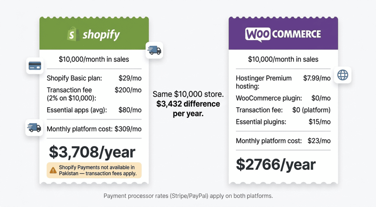 Shopify vs WooCommerce vs BigCommerce. Side-by-side receipt comparison showing Shopify costing 3708 dollars per year versus WooCommerce costing 276 dollars per year for the same 10000 dollars per month online store, with a Shopify Payments not available in Pakistan warning badge