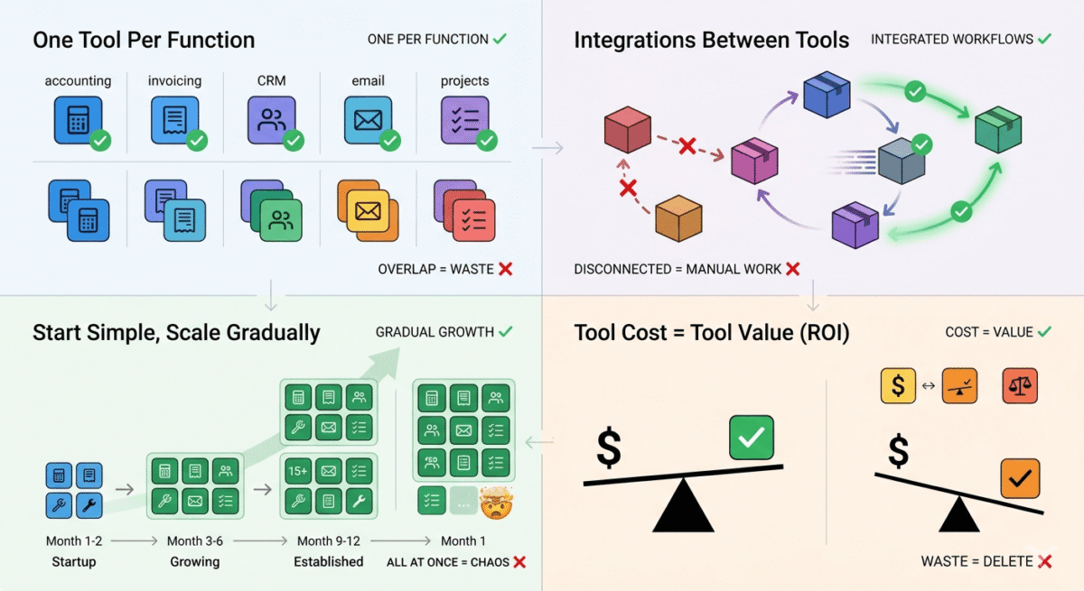 Best Tools for Small Business in 2026, Visual decision framework showing four rules for building software stacks: one tool per function (no overlap), integrated tools (connected workflows), gradual scaling (start with 5 tools, grow to 15), and ensuring tool costs justify their value.