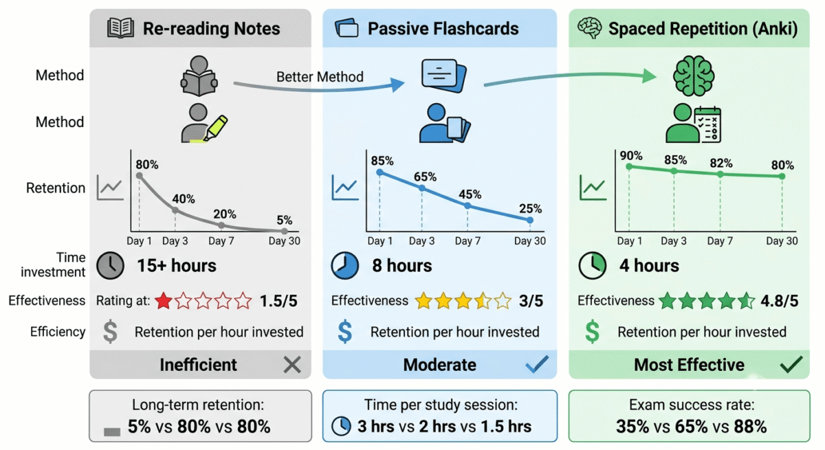 Study method effectiveness comparison showing retention rates and time investment: traditional re-reading declining to 5% retention over 30 days, passive flashcards maintaining 25% retention, versus spaced repetition (Anki) maintaining 80% retention while requiring less study time (4 hours vs 15 hours), with exam success rates of 35%, 65%, and 88% respectively.