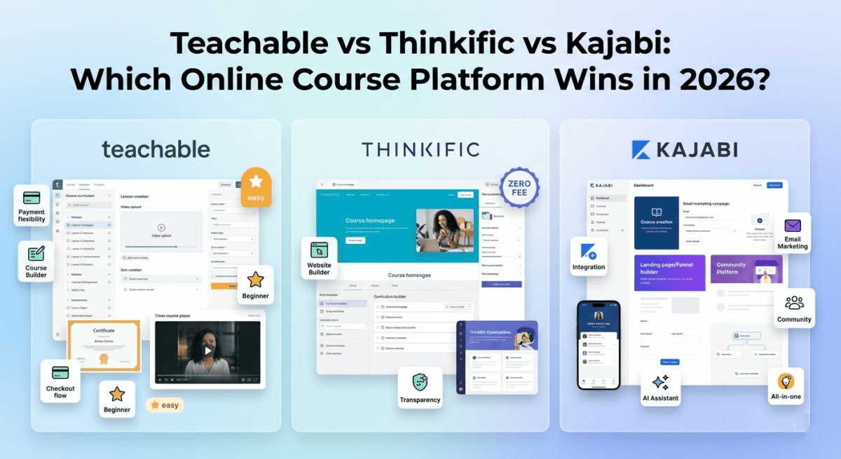 Comparison of three online course platforms: Teachable with beginner-friendly course builder on the left, Thinkific with transparent pricing and website builder in the center, and Kajabi with all-in-one email, funnel, and course integration on the right.