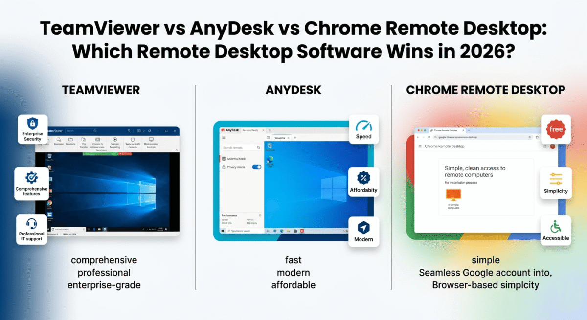 Comparison of three remote desktop platforms: TeamViewer with comprehensive enterprise features and security on the left, AnyDesk with fast modern interface and affordability in the center, and Chrome Remote Desktop with free browser-based simplicity on the right.