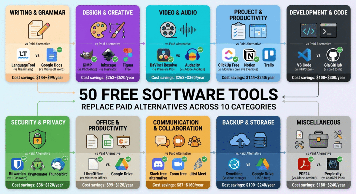 Best 50 Free Software Tools in 2026, 10 software categories organizing 50 free tools: Writing (LanguageTool, Google Docs), Design (GIMP, Inkscape), Video (DaVinci Resolve), Project Management (ClickUp, Notion), Development (VS Code), Security (Bitwarden), Office (LibreOffice), Communication (Discord, Zoom free), Storage (Google Drive), and Miscellaneous tools.