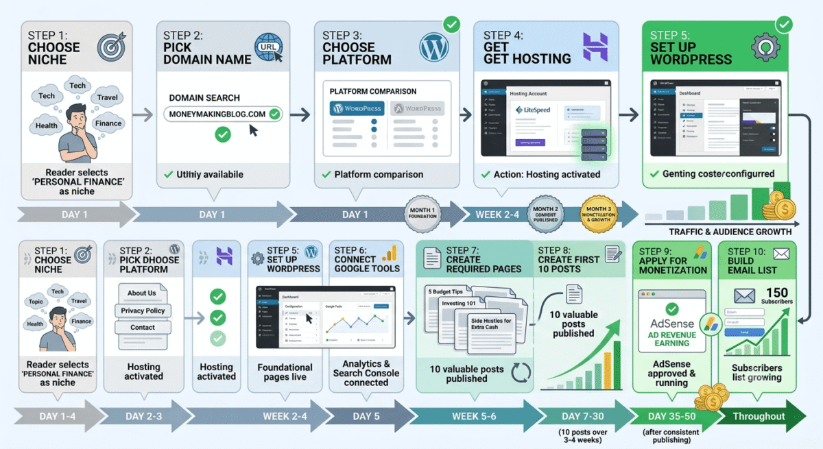 A 10-step roadmap for starting a blog: Step 1 Choose Niche (Day 1) → Step 2 Domain Name (Day 1) → Step 3 Platform (Day 1) → Step 4 Hosting (Day 2-3) → Step 5 WordPress Setup (Day 3-4) → Step 6 Google Tools (Day 5) → Step 7 Required Pages (Day 5-6) → Step 8 First 10 Posts (Days 7-30) → Step 9 Apply for AdSense (Day 35-50) → Step 10 Email List (ongoing).