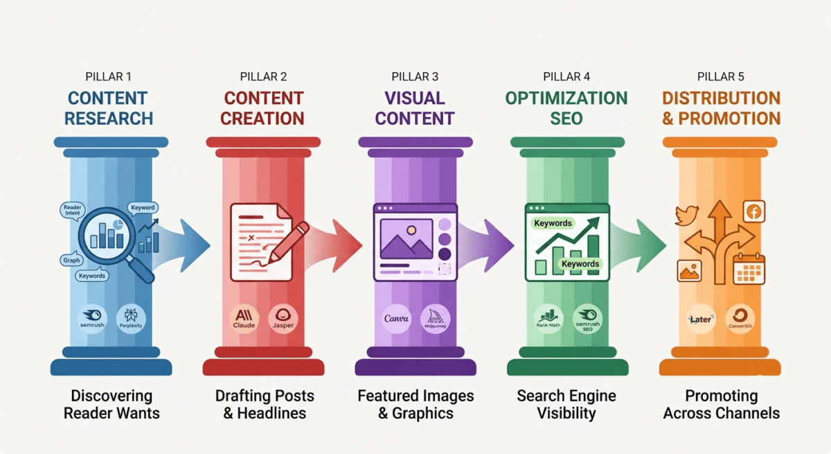 Best 15 AI Tools for Bloggers, Five pillars or workflow stages representing the jobs AI does for bloggers: Content Research (find keyword opportunities), Content Creation (draft posts/headlines), Visual Content (create images/graphics), SEO Optimization (optimize for search), and Distribution (schedule social/email promotion).