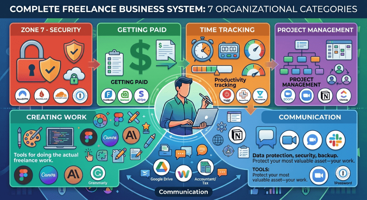 Best 25 Tools for Freelancers in 2026, Seven functional categories organizing the freelance toolkit: Getting Paid (invoicing, contracts, payments), Managing Time (time tracking, productivity), Client & Project Management (CRM, organization), Communication (video calls, messaging), Creating Work (design, writing, AI tools), Business Management (accounting, storage), and Security (VPN, backup, password management).
