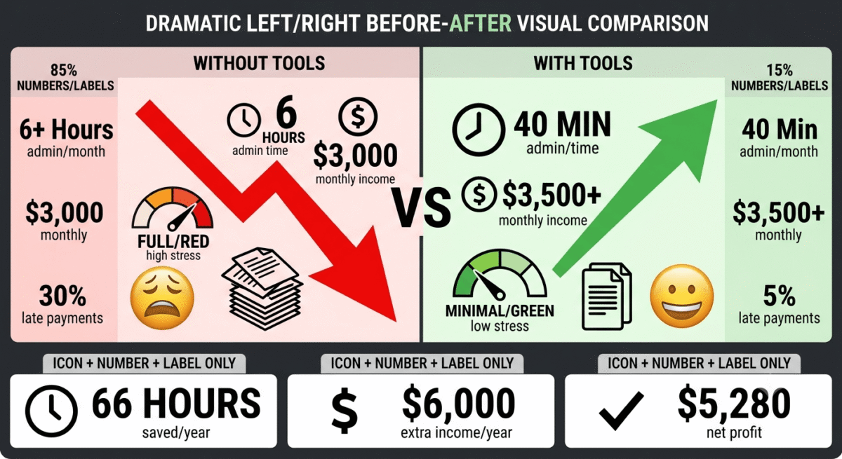 A before/after comparison showing freelancer impact: Without tools (3,000/month income, 6+ hours admin, 30% late payments) versus With recommended tools (3,500+/month income, 40 minutes admin, 5% late payments), with annual net gain of $5,280+ from tools costing $720/year.