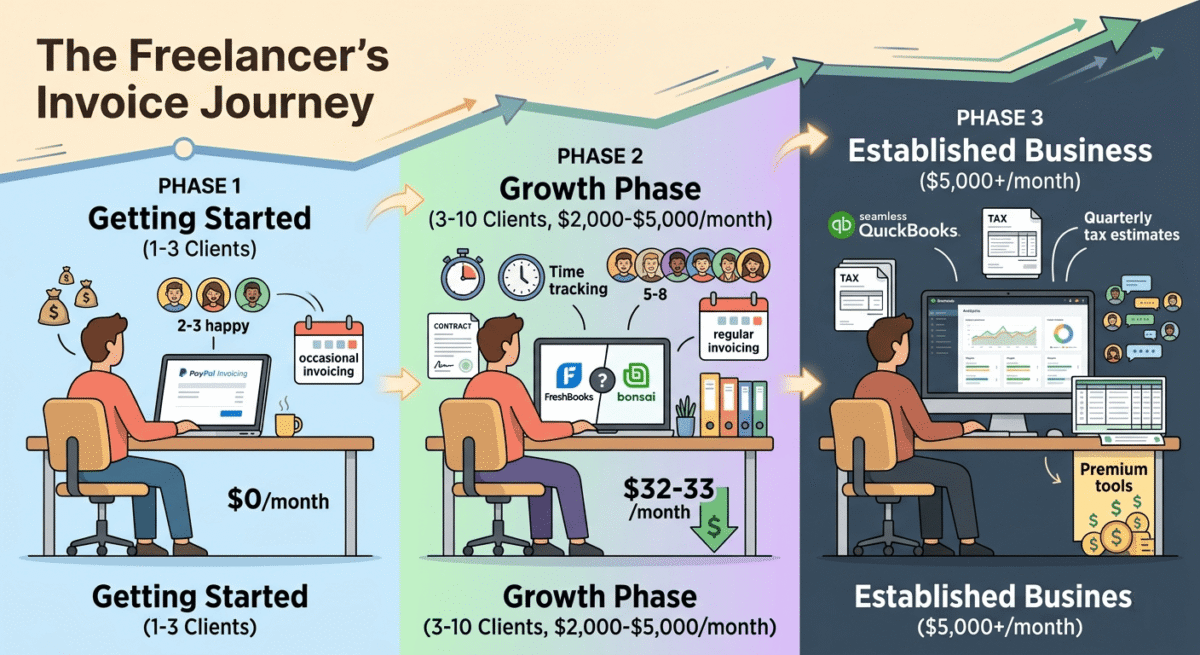 FreshBooks vs PayPal vs Bonsai. Three-phase workflow illustration showing freelancer journey from PayPal Invoicing (1-3 clients), to FreshBooks or Bonsai (3-10 clients earning $2,000-5,000/month), to professional accounting tools ($5,000+/month).