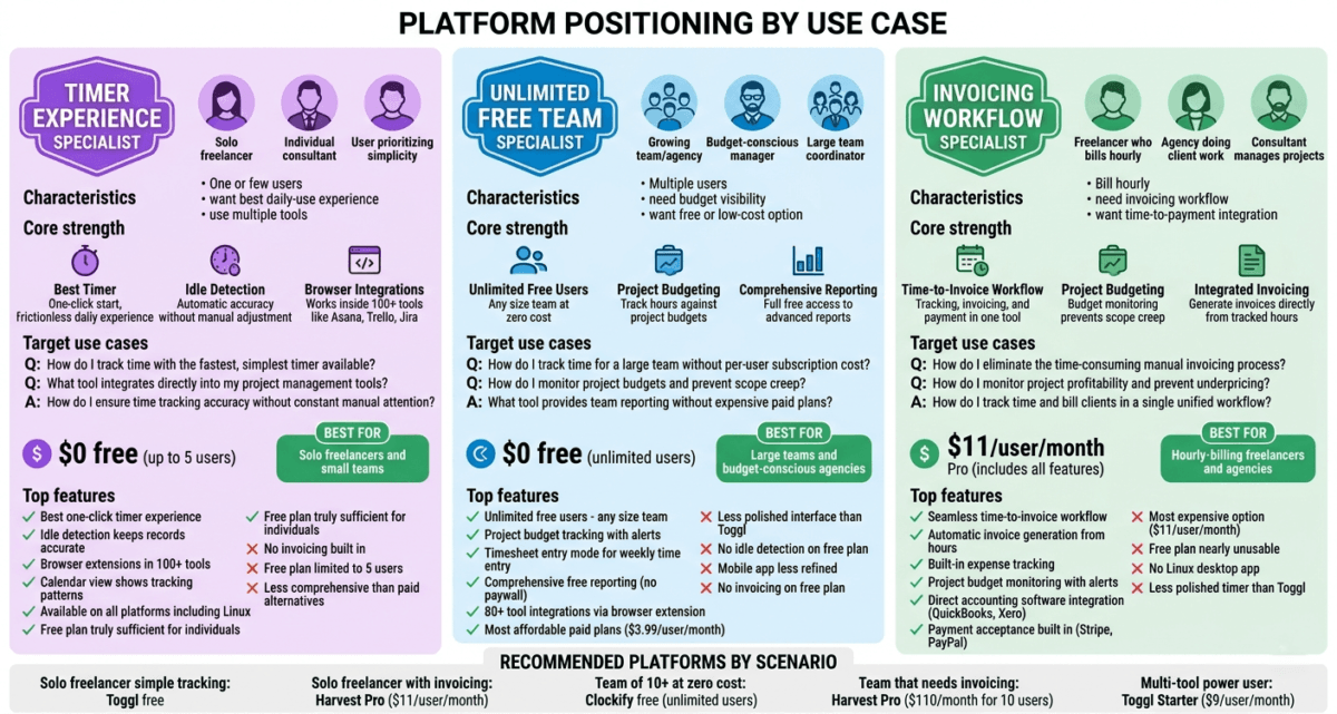 Toggl vs Clockify vs Harvest. Platform positioning matrix showing Toggl as timer experience specialist with best daily-use experience, Clockify as unlimited free team specialist with unlimited users and project budgeting, and Harvest as invoicing workflow specialist with integrated time-to-payment process.