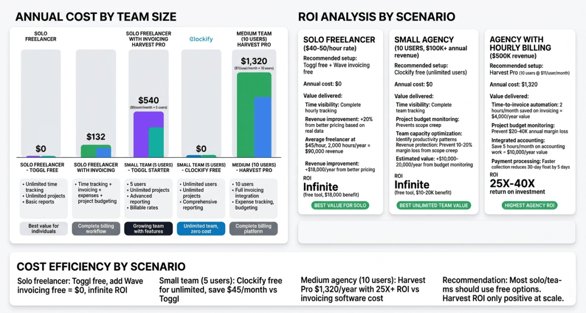 Toggl vs Clockify vs Harvest. Pricing and cost analysis showing solo freelancers achieving infinite ROI with Toggl free, small teams saving $45+/month with Clockify free unlimited users, and agencies with hourly billing achieving 25X-40X ROI with Harvest Pro at $1,320/year through automated invoicing and budget monitoring.