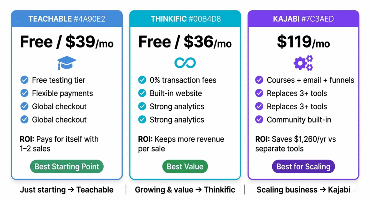 Teachable vs Thinkific vs Kajabi. Cost and ROI comparison showing Teachable Free best for testing, Thinkific Basic at $36/month best for value, and Kajabi Basic at $119/month justified when replacing multiple separate tools like ConvertKit and Leadpages.