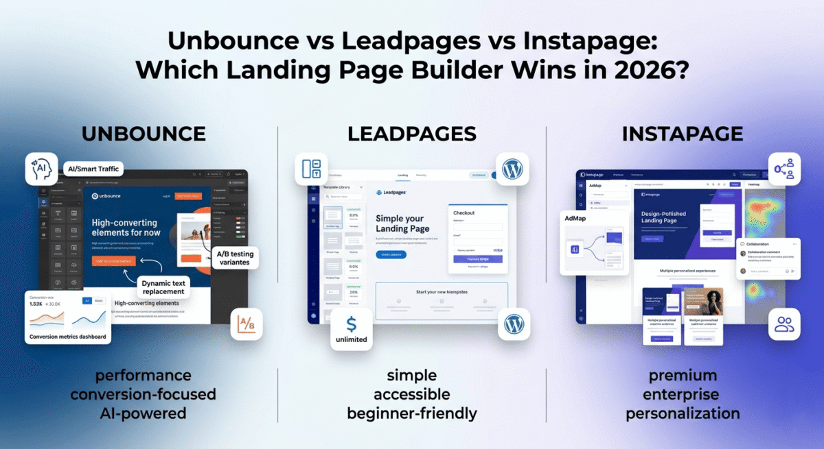 Comparison of three landing page builders: Unbounce with AI Smart Traffic optimization on the left, Leadpages with beginner-friendly editor and checkout on the center, and Instapage with AdMap personalization on the right.