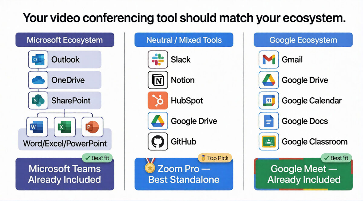 Three-column ecosystem map showing Microsoft Teams as the best fit for Microsoft 365 users with Outlook and Office apps, Zoom Pro as the top pick for teams using mixed tools like Slack and Notion, and Google Meet as the best fit for Google Workspace users with Gmail and Google Docs