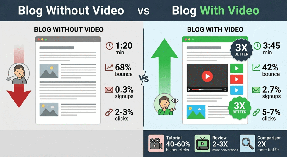DaVinci Resolve vs Adobe Premiere Pro vs Filmora. Before and after comparison showing blog post with video content receiving 3X higher time-on-page (3:45 vs 1:20), 2.7X higher email signups (8 vs 3 per 1,000 visitors), and 2X higher affiliate click-through rate (5-7% vs 2-3%).