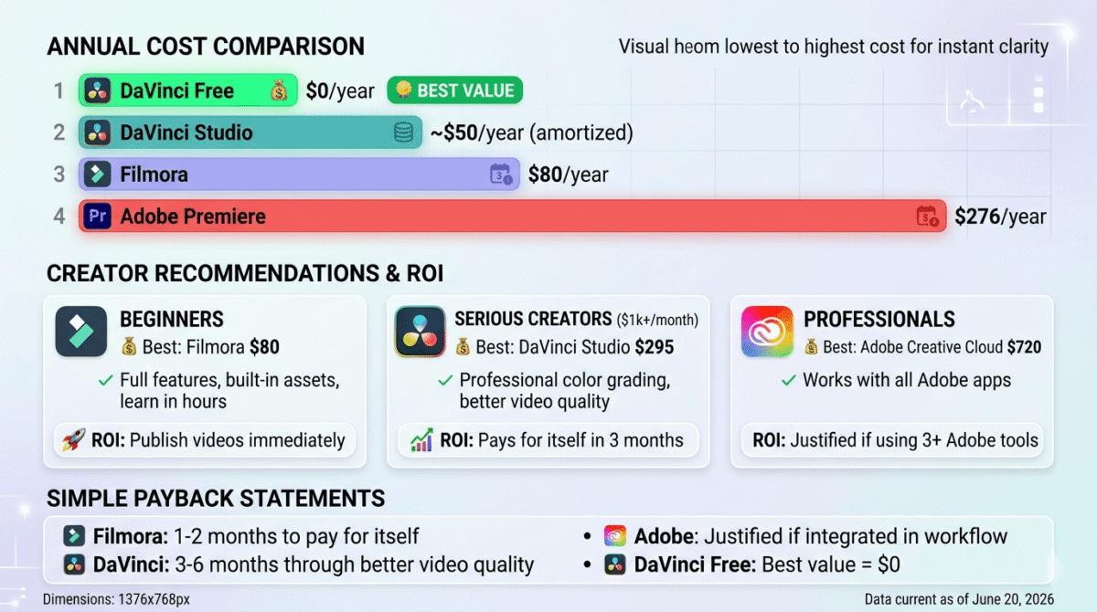 Pricing and value comparison showing DaVinci Resolve Free at $0 best for quality-focused learners, Filmora Perpetual at $79.99 best for beginners, DaVinci Resolve Studio at $295 one-time best for professional creators, and Adobe Creative Cloud at $719.88/year justified for integrated workflow users.
