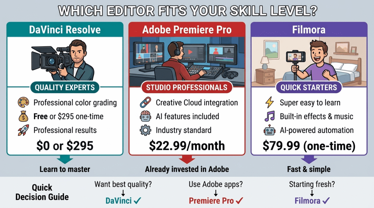 Creator type specialization matrix showing DaVinci Resolve as quality-focused specialist, Adobe Premiere Pro as professional ecosystem specialist, and Filmora as beginner and content creator specialist, with distinct features and target creator types for each.