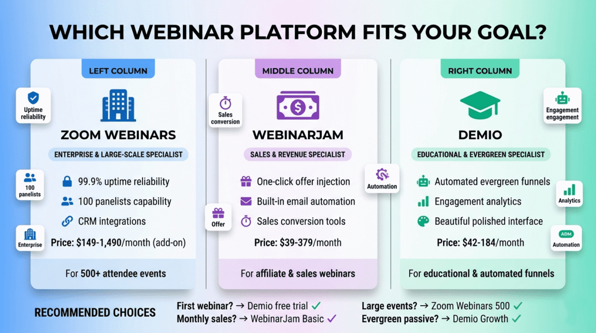 Platform positioning matrix showing Zoom Webinars as enterprise and large-scale specialist, WebinarJam as sales and revenue specialist, and Demio as educational and evergreen specialist, with distinct features and target event types.