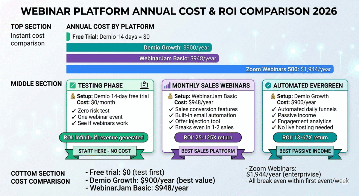 Pricing and total cost of ownership comparison showing Demio free trial $0 best for testing, WebinarJam Basic $948/year best for monthly affiliate sales webinars, Demio Growth $900/year best for automated evergreen funnels, and Zoom Webinars $1,944/year for enterprise large-scale events.