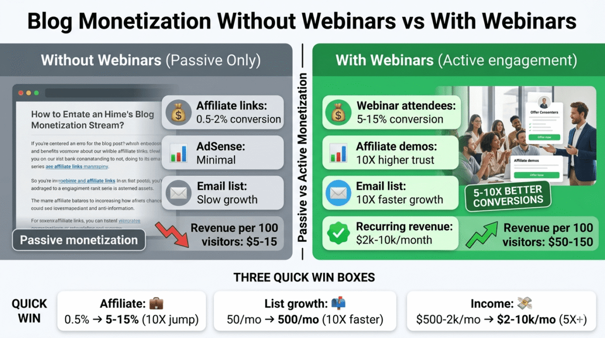 Zoom Webinars vs WebinarJam vs Demio, Before and after comparison showing blog monetization without webinars generating limited passive revenue versus with webinars generating 5-10X higher conversion rates (5-15% vs 0.5-2%) and substantial recurring monthly revenue.