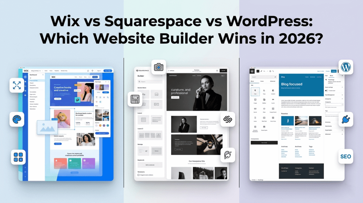 Comparison of three website builders: Wix drag-and-drop editor showing flexible layout on the left, Squarespace's polished design system in the center, and WordPress Gutenberg content editor on the right, each displaying their unique interface design.