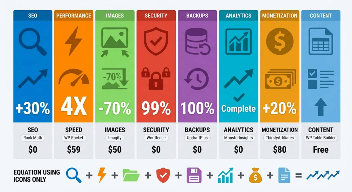best WordPress plugins in 2026: Eight WordPress plugin categories showing cumulative impact: SEO plugins providing 15-30% ranking improvement, performance plugins delivering 2-4X speed increase, security plugins blocking 99%+ attacks, analytics enabling traffic optimization, monetization plugins increasing revenue 20%+, and others combining for professional blog.