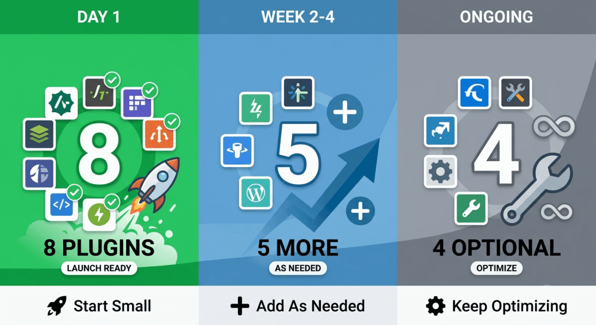 Eight WordPress plugin categories showing cumulative impact: SEO plugins providing 15-30% ranking improvement, performance plugins delivering 2-4X speed increase, security plugins blocking 99%+ attacks, analytics enabling traffic optimization, monetization plugins increasing revenue 20%+, and others combining for professional blog.
