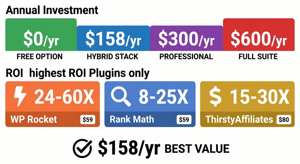 Plugin investment ROI analysis showing WP Rocket $59/year delivering 24X-60X return through speed improvements, Rank Math Pro delivering 8X-25X return through rankings, and ThirstyAffiliates delivering 15X-30X return, with recommended hybrid stack at $158-178/year providing optimal balance.