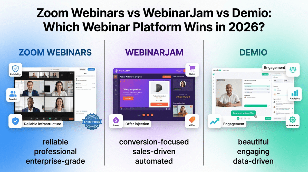 Comparison of three webinar platforms: Zoom Webinars with professional panelist layout and Q&A on the left, WebinarJam with sales offer injection and countdown timer in the center, and Demio with polished interface and engagement analytics on the right.