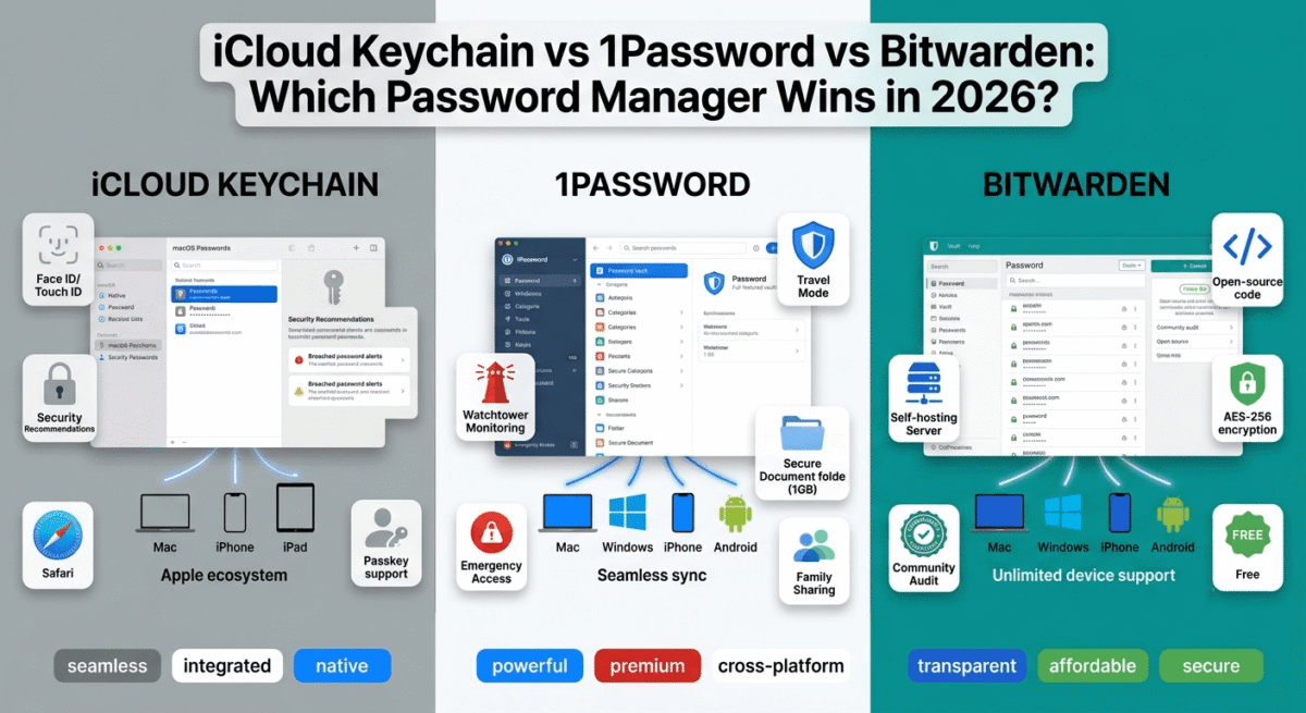 Three-way comparison of Mac password managers: iCloud Keychain showing Apple ecosystem integration and free pricing on the left, 1Password displaying cross-platform support (Mac, Windows, iOS, Android) at $2.99/month in the center, and Bitwarden showing open-source cross-platform capability with free and $10/year premium options on the right.