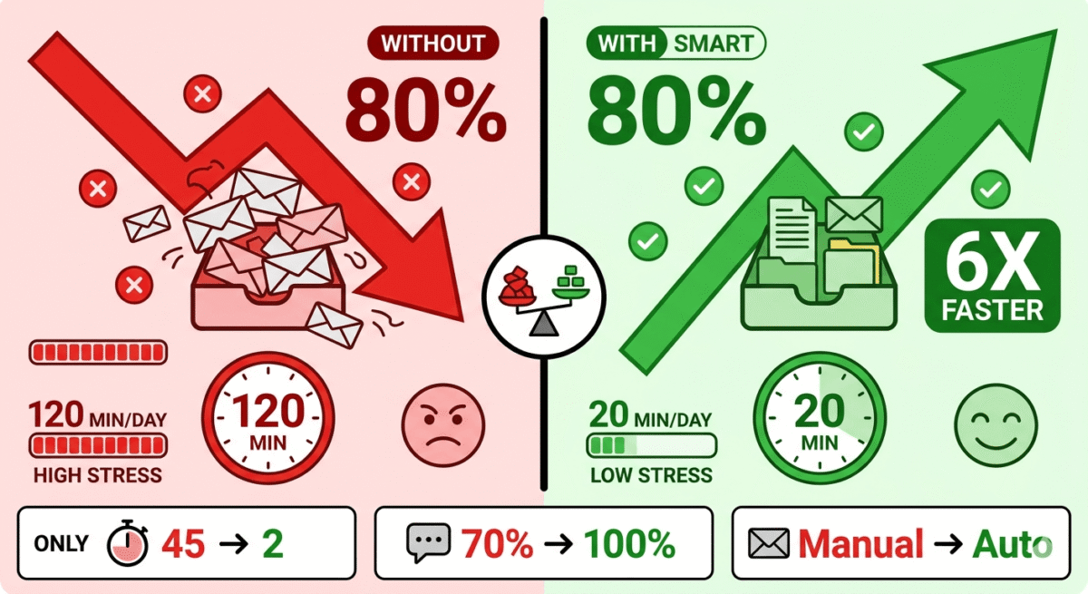 Outlook vs Thunderbird vs Spark, Before and after comparison showing email management without smart client spending 1-2 hours daily managing 150 emails with high stress versus with smart client spending 15-30 minutes on organized priority inbox with low stress.
