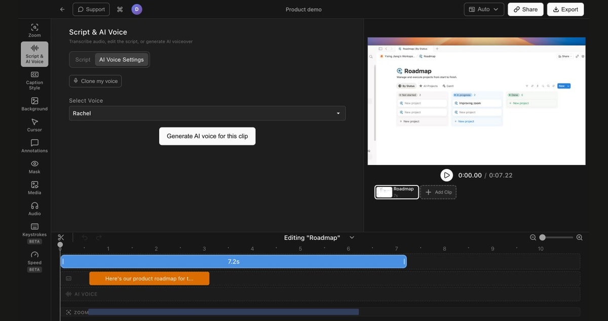 Tight Studio's AI voice settings with voice selection, narration generation, and a product demo timeline.