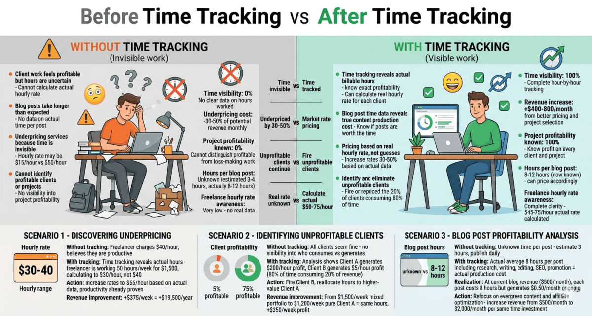 Toggl vs Clockify vs Harvest. Before and after time tracking showing freelancers underpriced by 30-50% without tracking versus discovering actual $50-75/hour rate with tracking, identifying unprofitable clients costing $19,500/year, and optimizing blog profitability from $500 to $2,000/month.