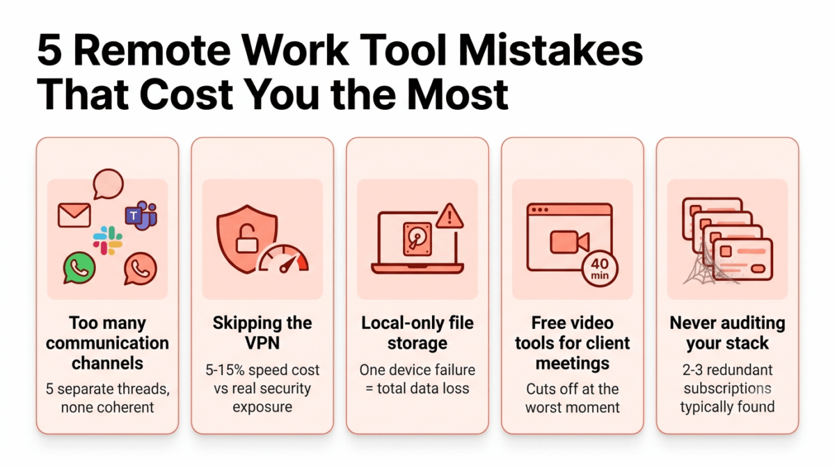 Five common remote work tool mistakes shown as warning tiles: running too many communication channels simultaneously, skipping the VPN despite only a 5 to 15% speed cost, relying on local-only file storage vulnerable to device failure, using free video conferencing tools with time limits for client meetings, and never auditing the tool stack for redundant subscriptions.