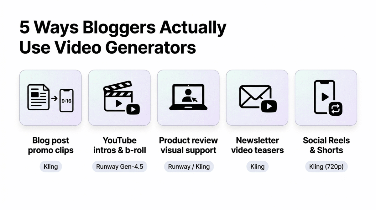 Five blogger use cases for AI video generators shown as icon tiles: blog post promotional clips with Kling, YouTube intros and b-roll with Runway Gen-4.5, product review visual support, newsletter video teasers with Kling, and social Reels and Shorts with Kling at 720p.