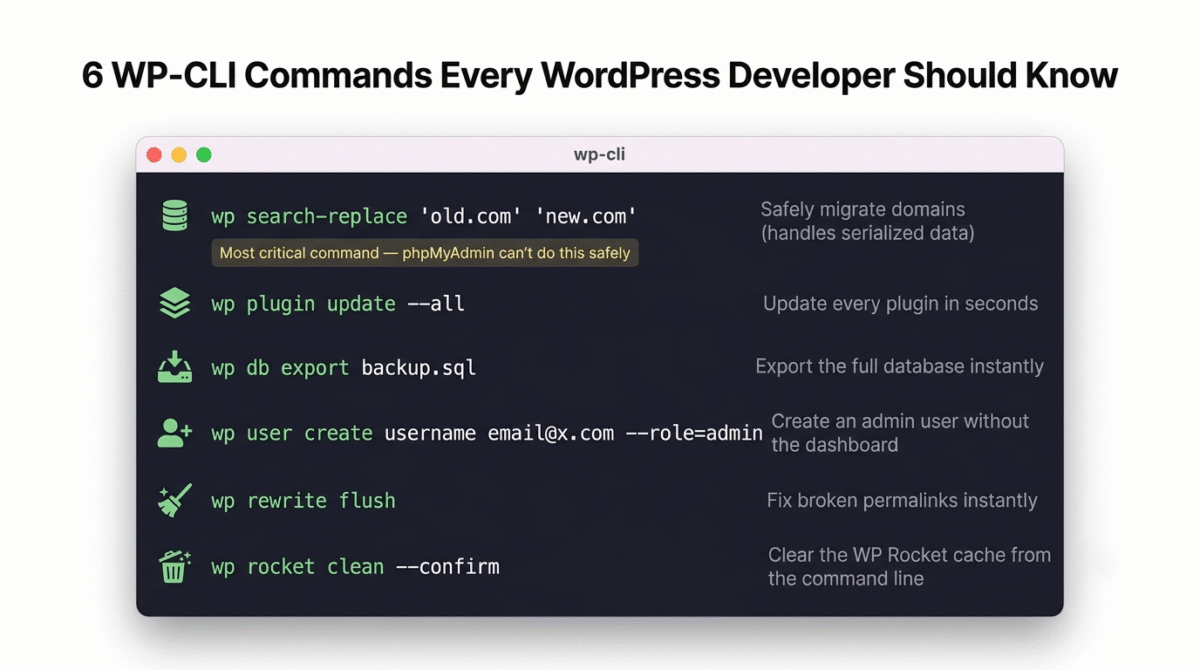 Terminal-styled quick reference showing six essential WP-CLI commands for WordPress developers: search-replace for safe domain migration, plugin update all, database export, user create, rewrite flush for permalinks, and WP Rocket cache clean, each with a plain-English description.