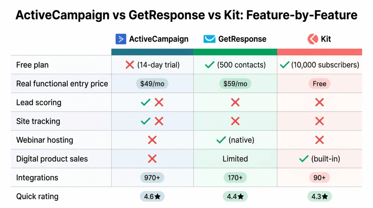 Feature comparison grid for ActiveCampaign, GetResponse, and Kit showing free plan availability, real functional entry price, lead scoring, site tracking, webinar hosting, digital product sales, and integration count across all three email automation platforms.