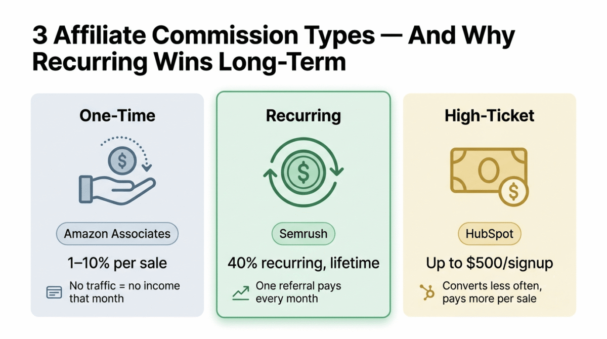 Three-card comparison of affiliate commission types showing one-time commissions like Amazon Associates at 1 to 10 percent per sale, recurring commissions like Semrush at 40 percent recurring for the customer's lifetime, and high-ticket one-time commissions like HubSpot paying up to 500 dollars per signup.