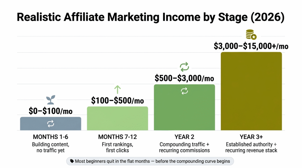How to Start Affiliate Marketing, Bar chart showing realistic affiliate marketing income by experience stage: zero to 100 dollars per month in the first six months, 100 to 500 dollars per month by months seven to twelve, 500 to 3,000 dollars per month by year two, and 3,000 to over 15,000 dollars per month by year three and beyond as recurring commissions and authority compound.