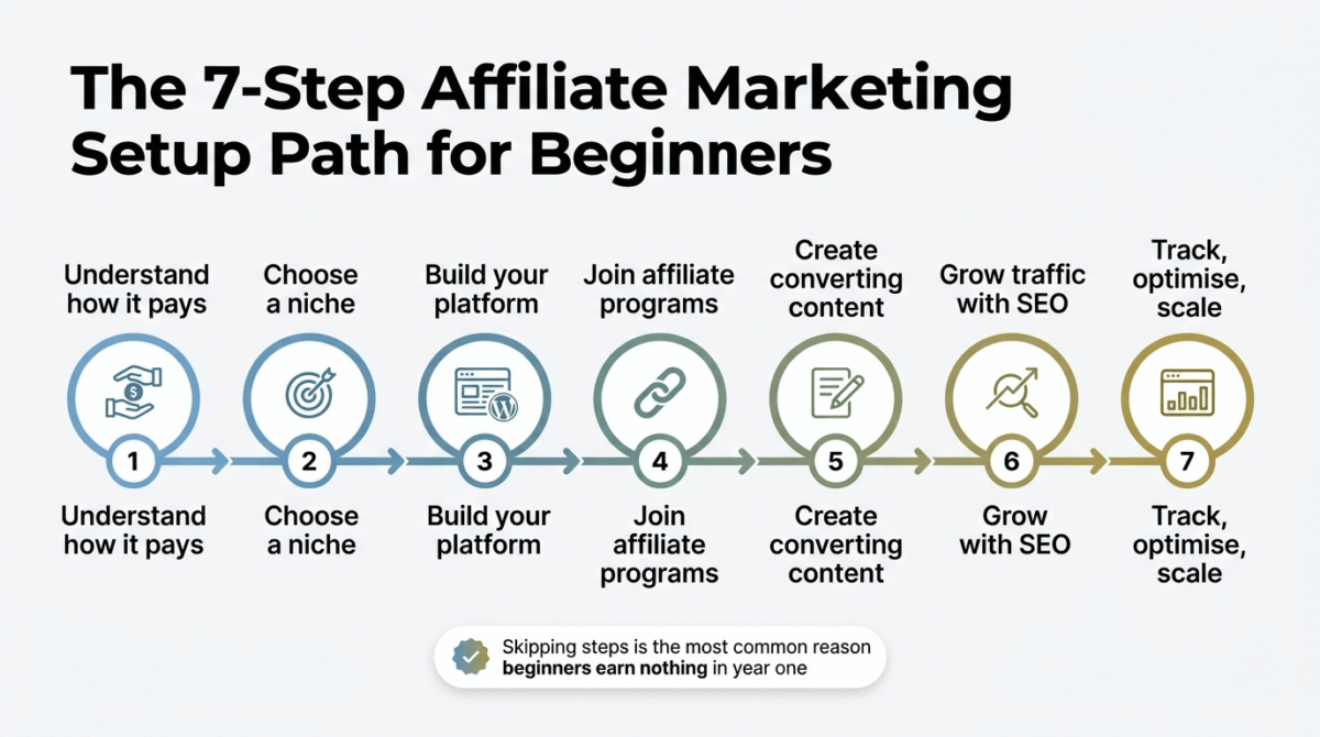 Seven-step affiliate marketing setup path for beginners showing understanding how commissions pay, choosing a niche, building a blog platform, joining affiliate programs, creating converting content, growing traffic with SEO, and tracking and scaling income.