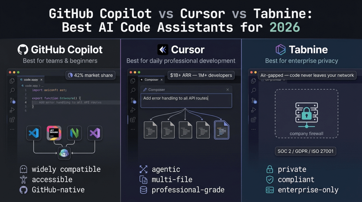 GitHub Copilot, Cursor, and Tabnine compared side by side as AI code assistants, showing Copilot's ghost-text suggestions across multiple IDEs, Cursor's Composer feature simultaneously editing five files from one prompt, and Tabnine's air-gapped on-premise deployment inside a company firewall.