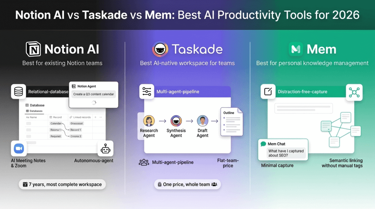 Notion AI, Taskade, and Mem compared side by side as AI productivity tools, showing Notion AI's relational database with an autonomous Notion Agent and AI Meeting Notes, Taskade's multi-agent research-to-draft pipeline with flat team pricing, and Mem's distraction-free capture interface with automatic semantic note linking and Mem Chat.