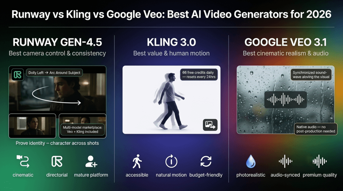Runway Gen-4.5, Kling 3.0, and Google Veo 3.1 compared side by side as AI video generators, showing Runway's precise camera-path control with consistent character frames, Kling's realistic human motion with daily free credits, and Google Veo's photorealistic rain scene with natively synchronized audio.