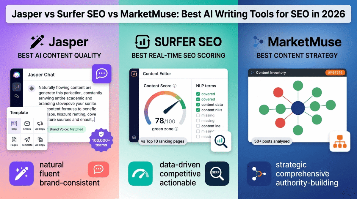 Jasper, Surfer SEO, and MarketMuse compared side by side as AI writing tools for SEO, showing Jasper's natural brand-voice-matched content generation, Surfer SEO's real-time content score gauge against top-ranking pages, and MarketMuse's site-wide topic cluster map with content gaps highlighted.