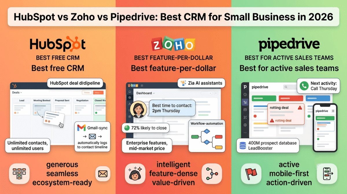 HubSpot, Zoho, and Pipedrive compared side by side as small business CRM platforms, showing HubSpot's unlimited free pipeline with automatic email logging, Zoho's Zia AI assistant with deal win probability, and Pipedrive's rotting deal warnings with mobile pipeline access.