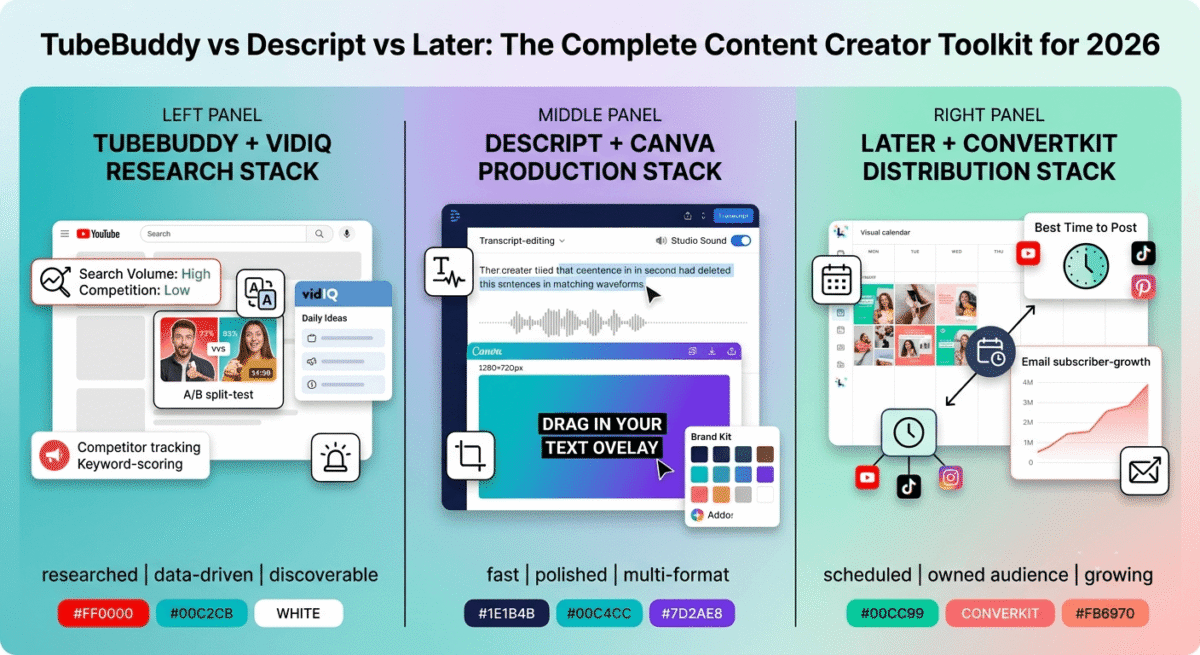 Three-way content creator tool comparison: TubeBuddy and VidIQ keyword research with A/B thumbnail testing on the left, Descript text-based video editing and Canva thumbnail design in the centre, and Later social scheduling calendar with ConvertKit email subscriber growth on the right.
