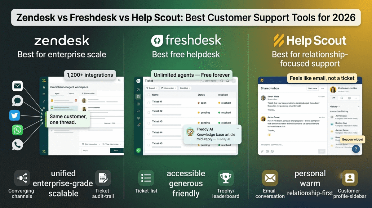 Zendesk, Freshdesk, and Help Scout compared side by side as customer support platforms, showing Zendesk's omnichannel conversation unifying email, chat, social, and WhatsApp into one thread, Freshdesk's free unlimited-agent ticket list with Freddy AI suggestions, and Help Scout's email-like shared inbox with a customer profile sidebar.