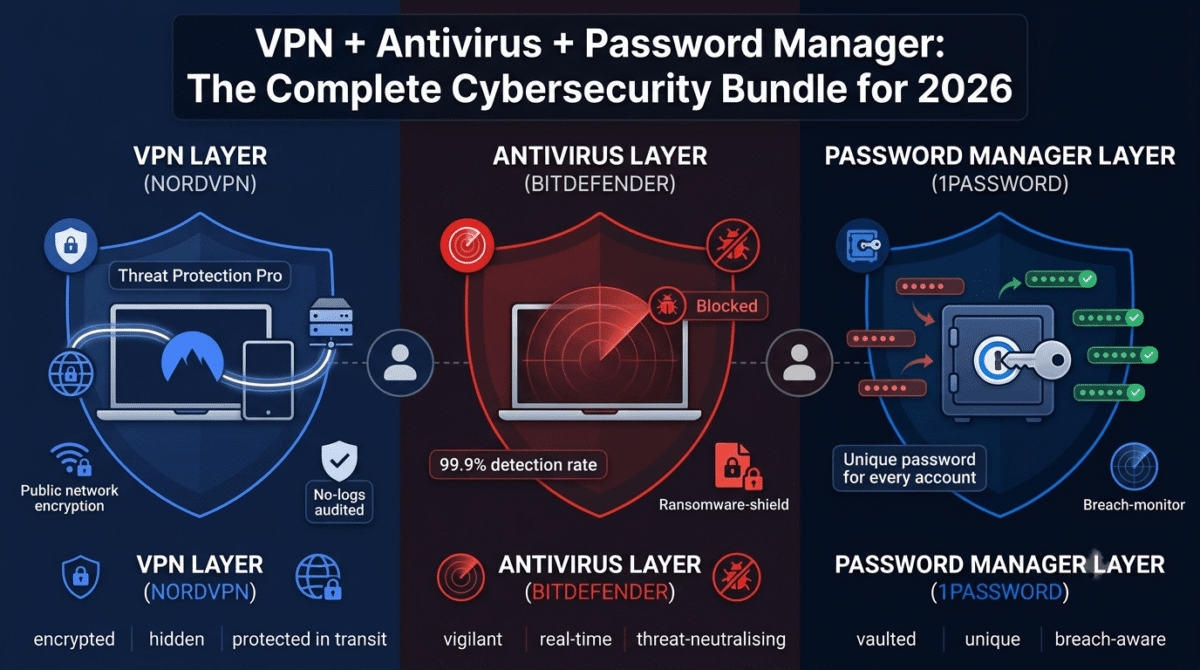 Three layers of a personal cybersecurity bundle shown protecting a central device, VPN encryption tunnel with threat protection on the left, antivirus radar scanning and blocking malware in the centre, and a password manager vault with breach monitoring on the right.